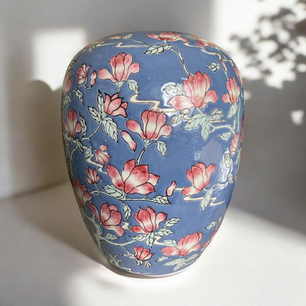 Vintage Asian Ceramic Vase With Floral Pattern & Seal Stamp